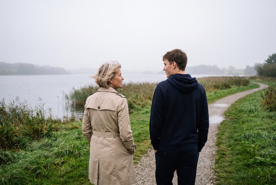 To mennesker går og taler sammen på en sti ved en sø